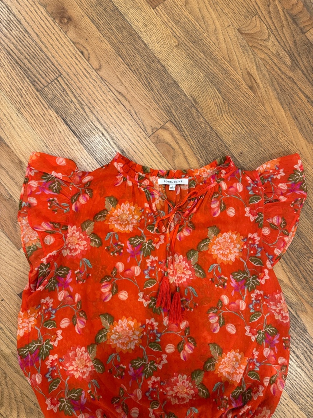 Rose & Olive Orange Floral Tie-Front Flutter Sleeve Blouse - Picture 3 of 9